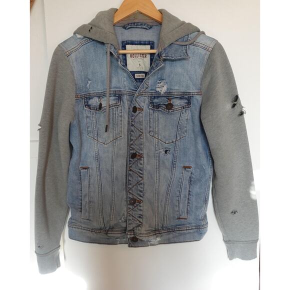 Vintage Hollister Denim Jacket Small Hooded Trucker Sweatshirt Distressed Y2K - Picture 1 of 10
